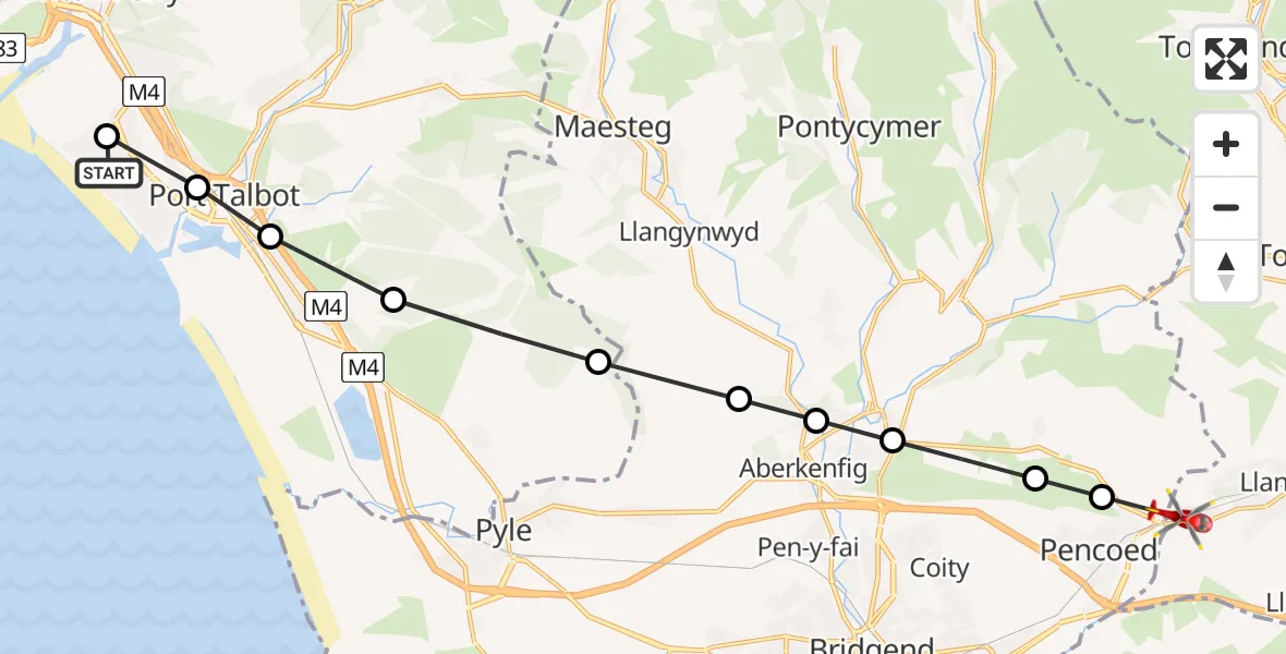 Flight path map showing Air Ambulance Helicopter route from Sandfields to Brynna