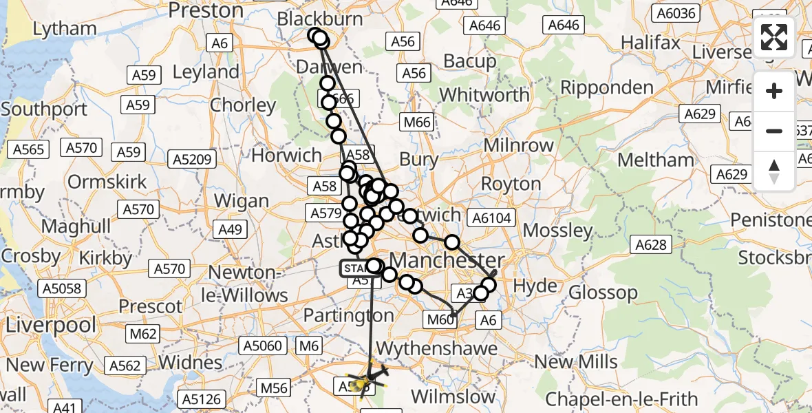 Flight path map showing Police Helicopter route from Irlam to Rostherne