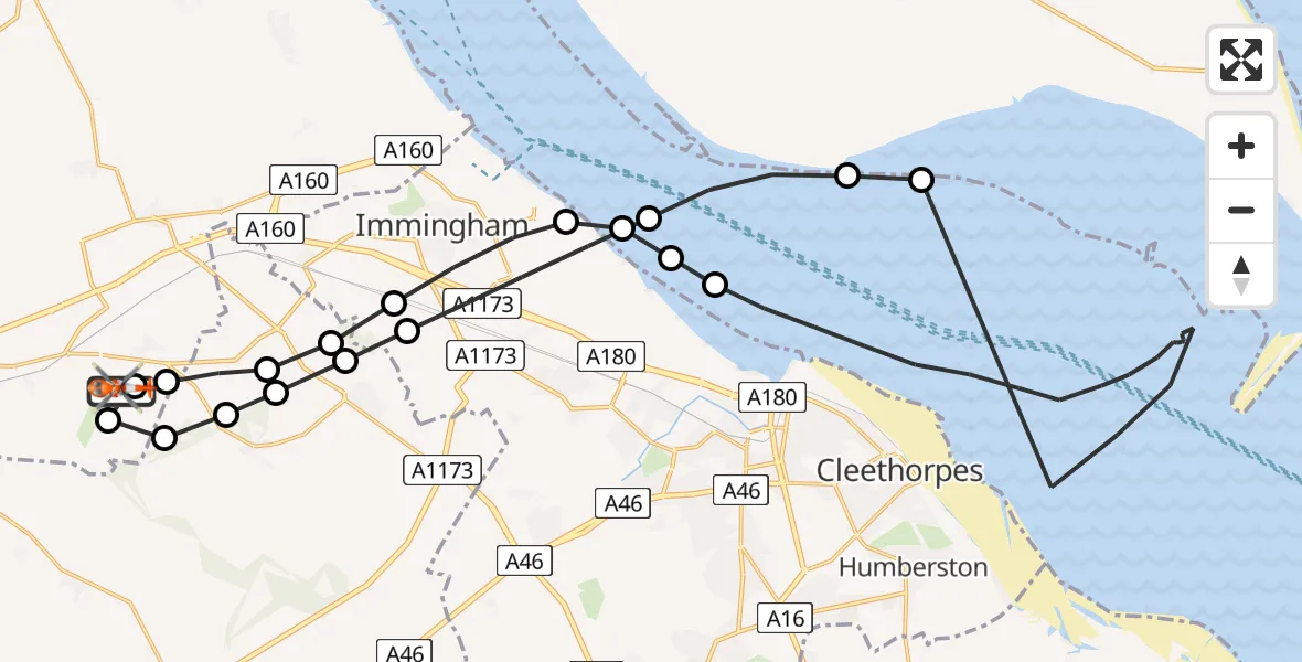 Flight path map showing Coastguard Helicopter route from Humberside Airport to Humberside Airport