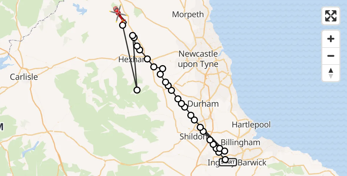 Flight path map showing Air Ambulance Helicopter route from Aislaby to Corsenside