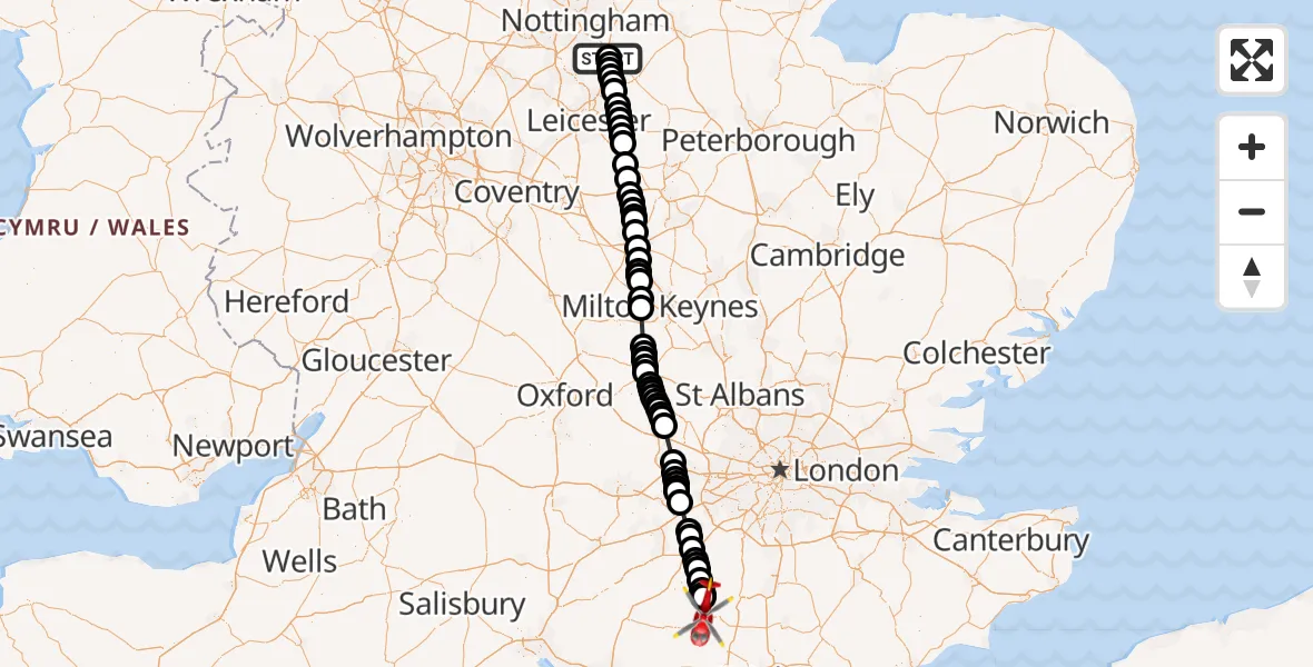 Flight path map showing Air Ambulance Helicopter route from Nottingham Heliport to Loxwood