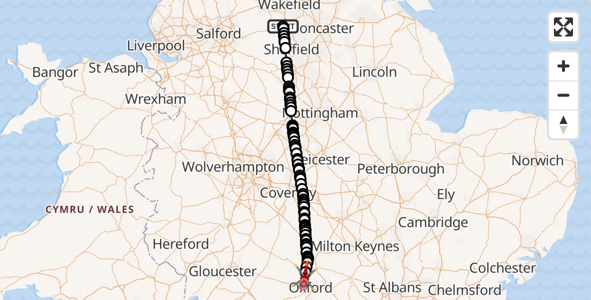 Flight path map showing Air Ambulance Helicopter route from Silkstone to London Oxford Airport