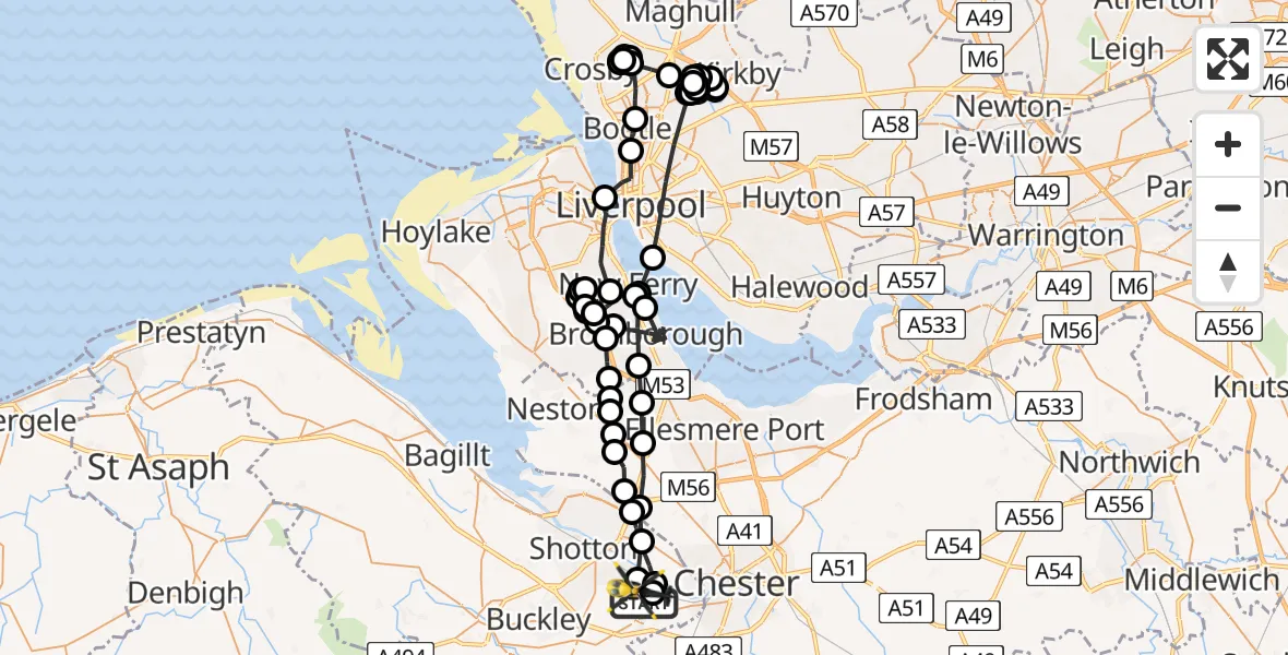 Flight path map showing Police Helicopter route from Hawarden Airport to Sandycroft