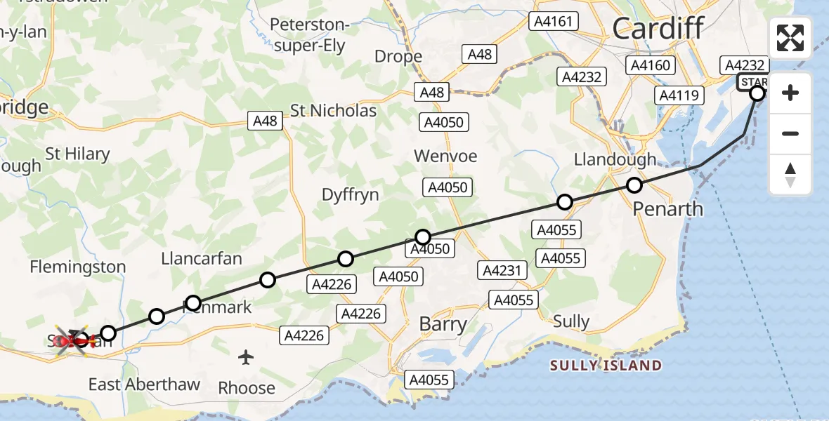 Routekaart van de vlucht: Air Ambulance Helicopter to MOD St Athan, Longships Road