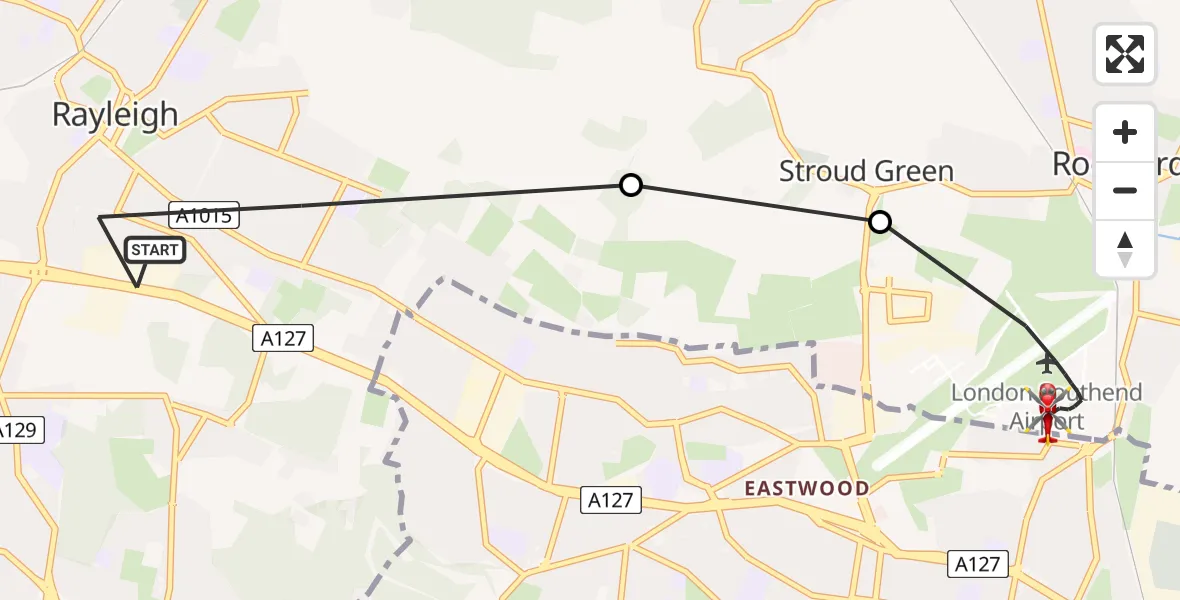 Flight path map showing Air Ambulance Helicopter route from Rayleigh to London Southend Airport
