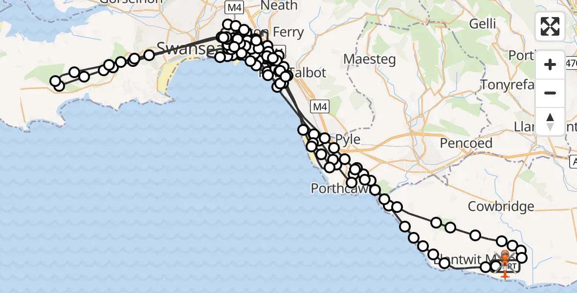 Flight path map showing Coastguard Helicopter route from MOD St Athan to MOD St Athan