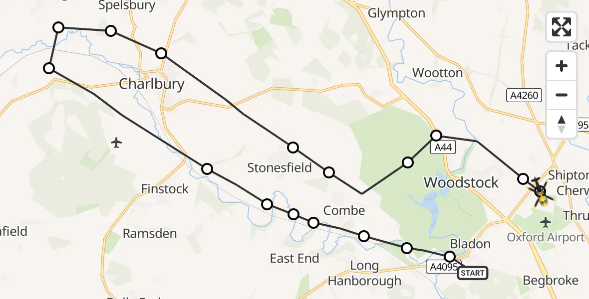 Flight path map showing Police Helicopter route from Bladon to Kidlington