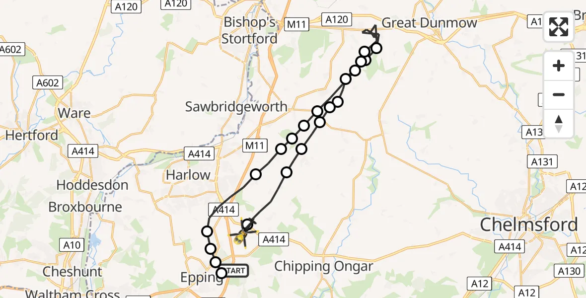 Flight path map showing Police Helicopter route from Coopersale to North Weald Airfield