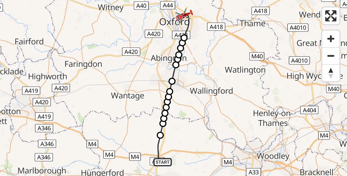 Flight path map showing Air Ambulance Helicopter route from Chieveley to Oxford