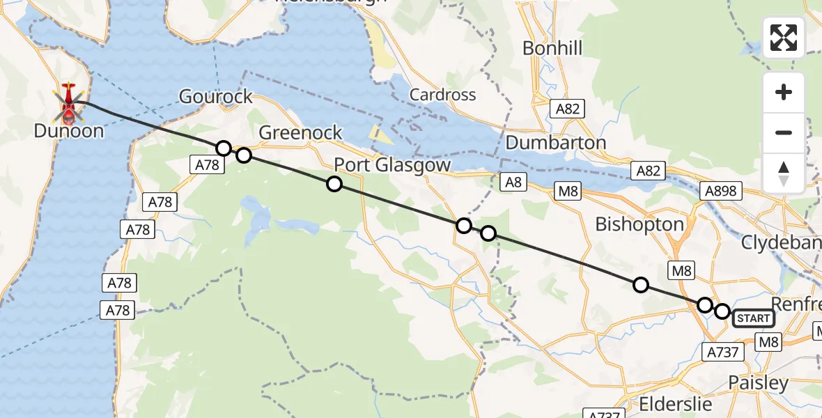 Flight path map showing Air Ambulance Helicopter route from Glasgow Airport to Inner Seas