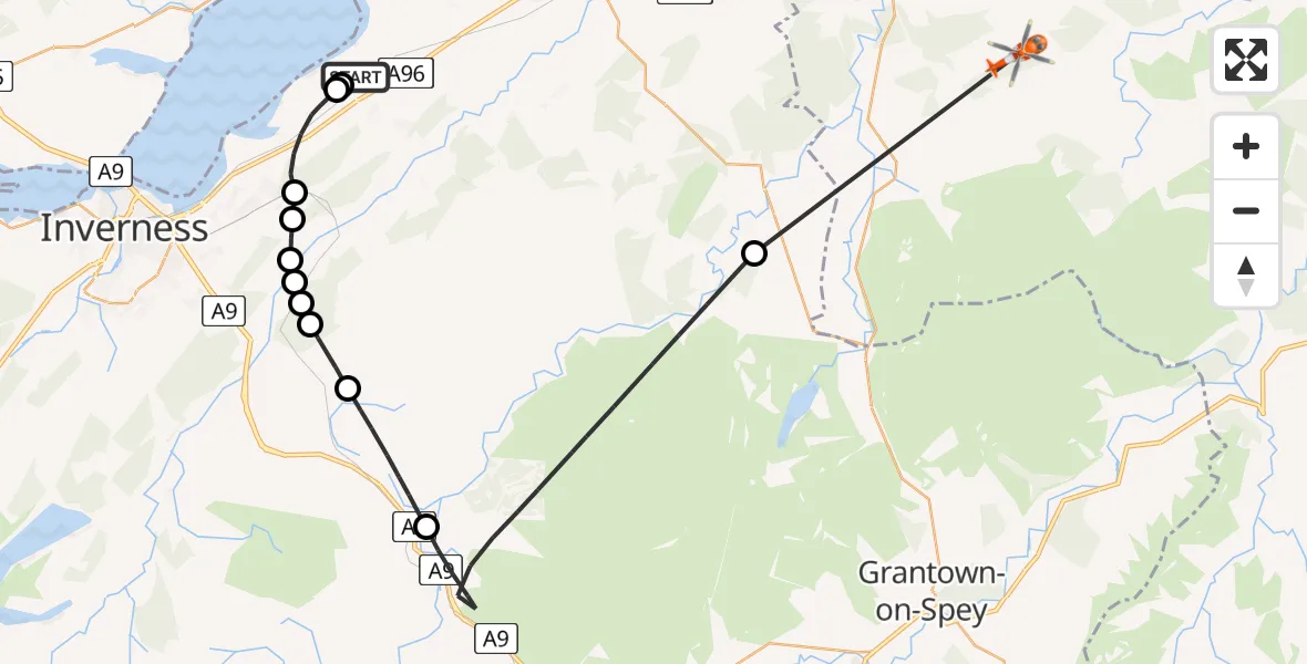Flight path map showing Coastguard Helicopter route from Inverness Airport to Ferness