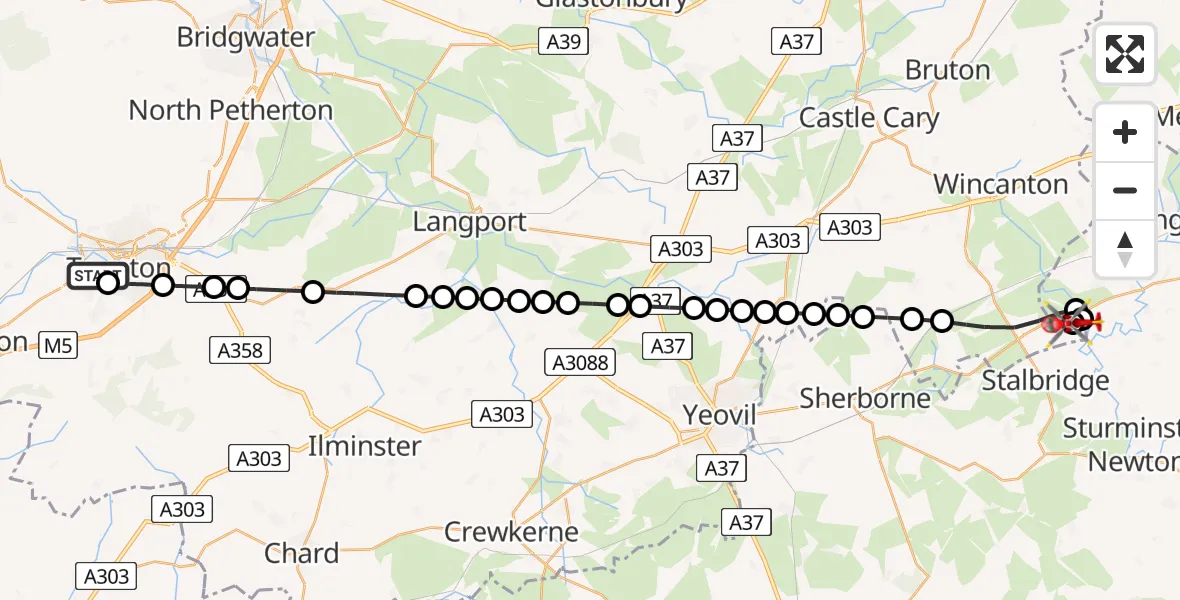 Flight path map showing Air Ambulance Helicopter route from Musgrove Hospital to Henstridge Airfield