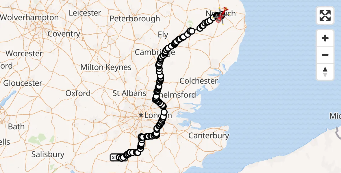 Flight path map showing Air Ambulance Helicopter route from Loxwood to Trowse