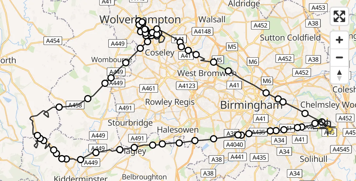 Flight route Police Helicopter Birmingham Airport - Birmingham Airport, 23 March 2026, 16:58