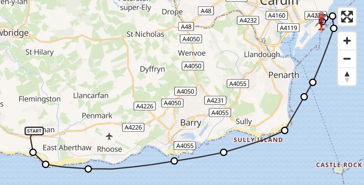 Flight path map showing Air Ambulance Helicopter route from MOD St Athan to Cardiff Heliport