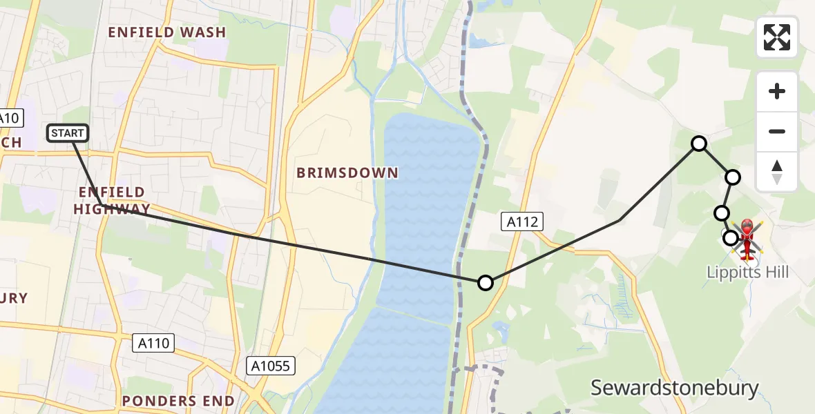Flight path map showing Air Ambulance Helicopter route from London Borough of Enfield to Metropolitan Police Air Support Unit Lippitts Hill