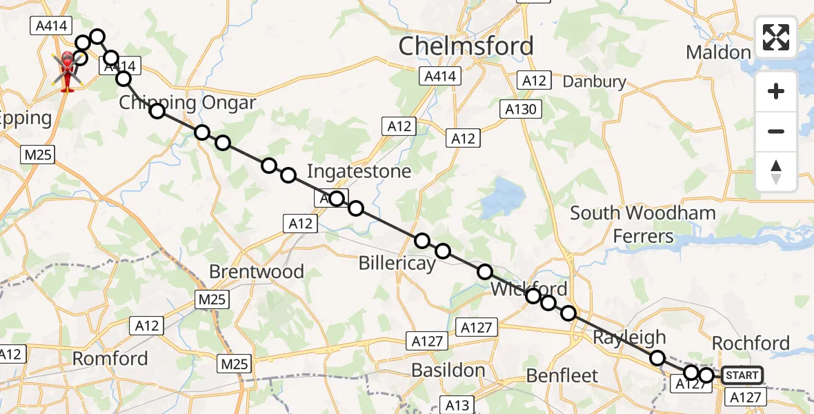 Flight path map showing Air Ambulance Helicopter route from London Southend Airport to North Weald Airfield