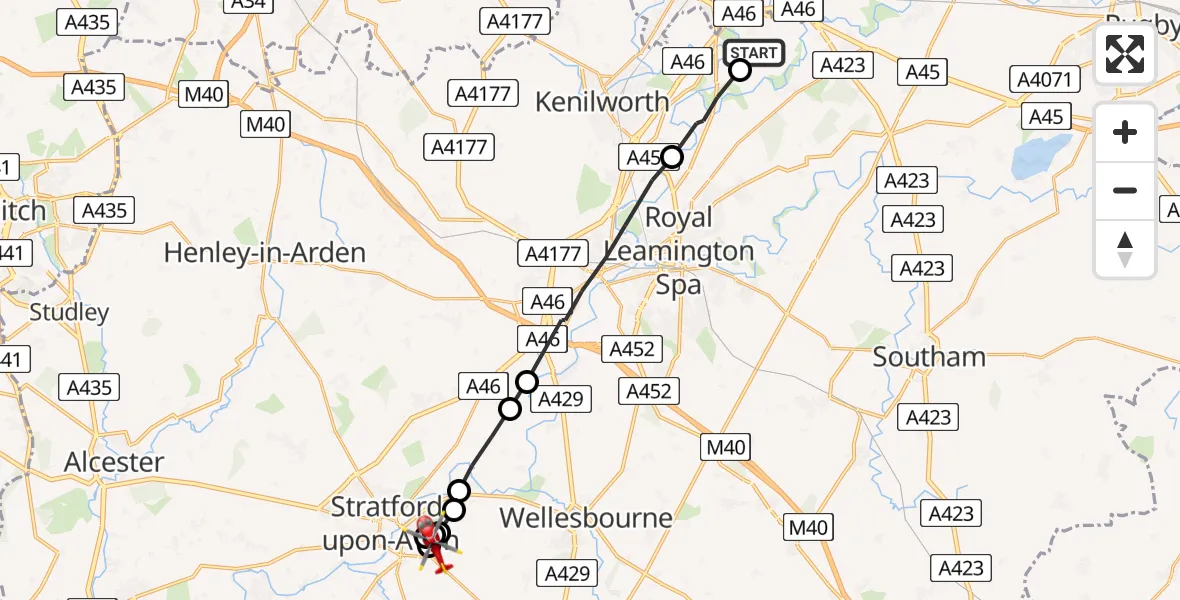 Flight path map showing Air Ambulance Helicopter route from Coventry Airport to Arden Heath Farm Airstrip
