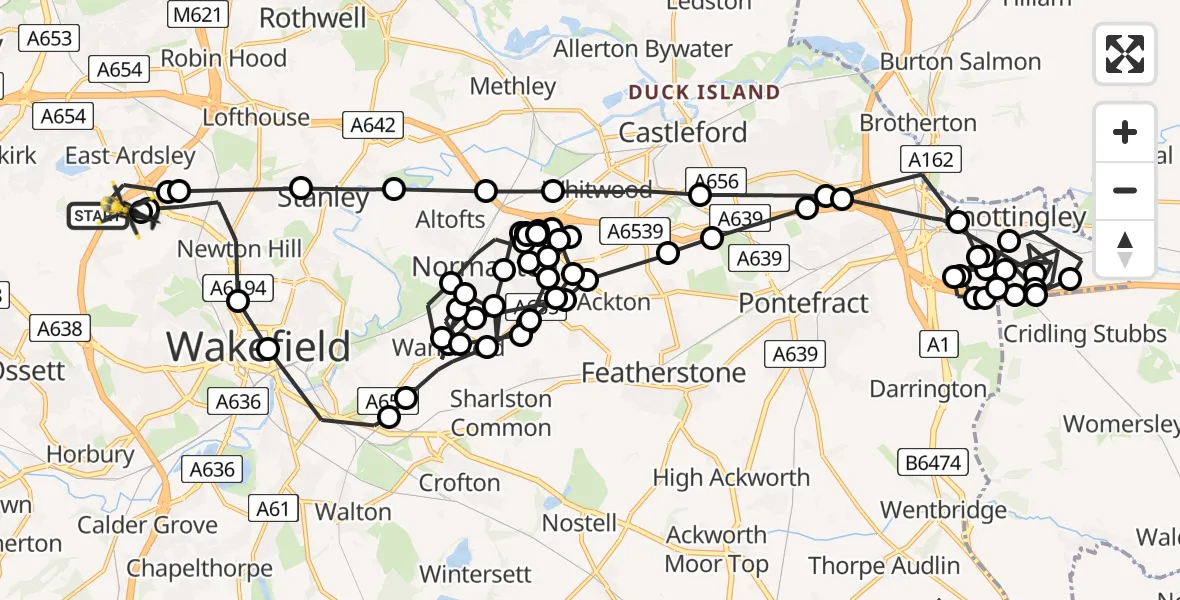 Flight path map showing Police Helicopter route from East Ardsley to East Ardsley