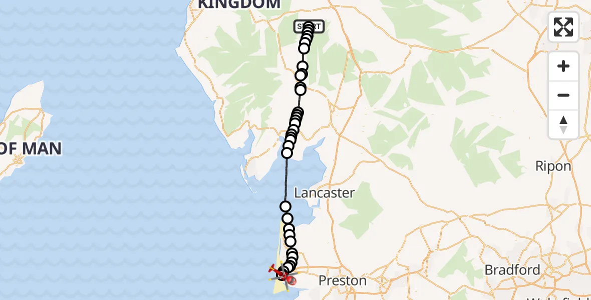 Flight path map showing Air Ambulance Helicopter route from Watermillock to Blackpool Airport