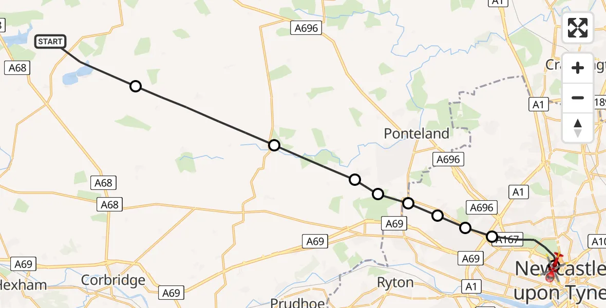 Flight path map showing Air Ambulance Helicopter route from Chollerton to Newcastle Royal Victoria Infirmary