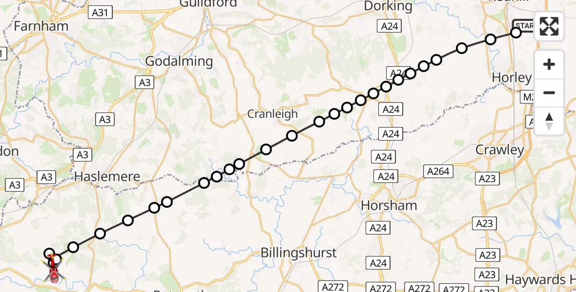 Flight path map showing Air Ambulance Helicopter route from Redhill Aerodrome to Chichester