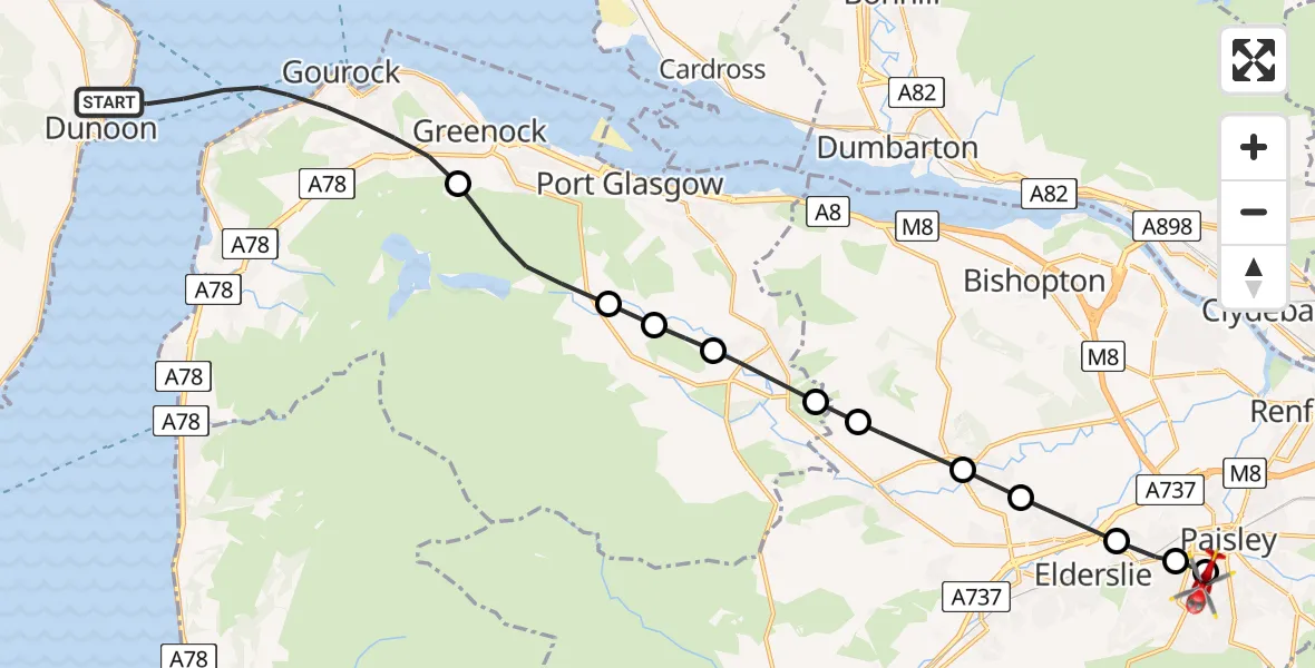 Flight path map showing Air Ambulance Helicopter route from Inner Seas to Royal Alexandria Hospital Paisley