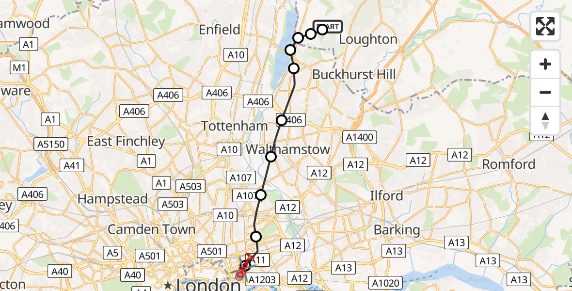 Flight path map showing Air Ambulance Helicopter route from Metropolitan Police Air Support Unit Lippitts Hill to Royal London Hospital