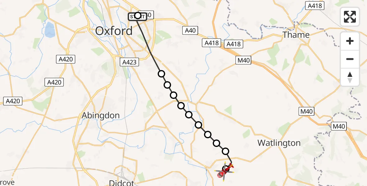 Flight path map showing Air Ambulance Helicopter route from John Radcliffe Hospital to RAF Benson