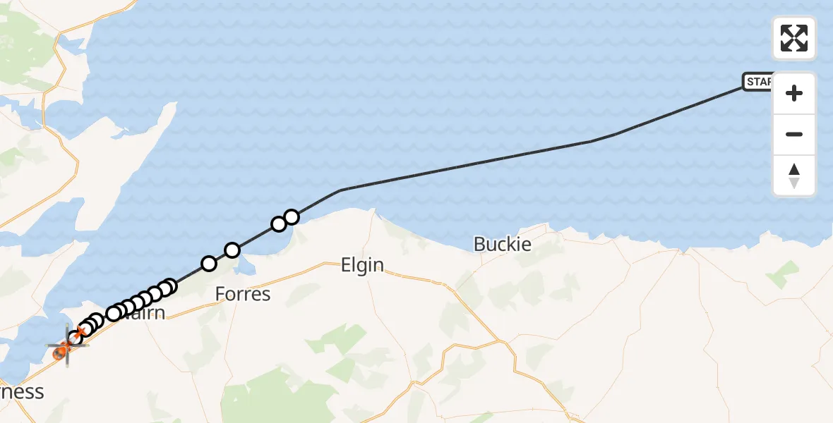 Flight path map showing Coastguard Helicopter route from North Sea to Inverness Airport