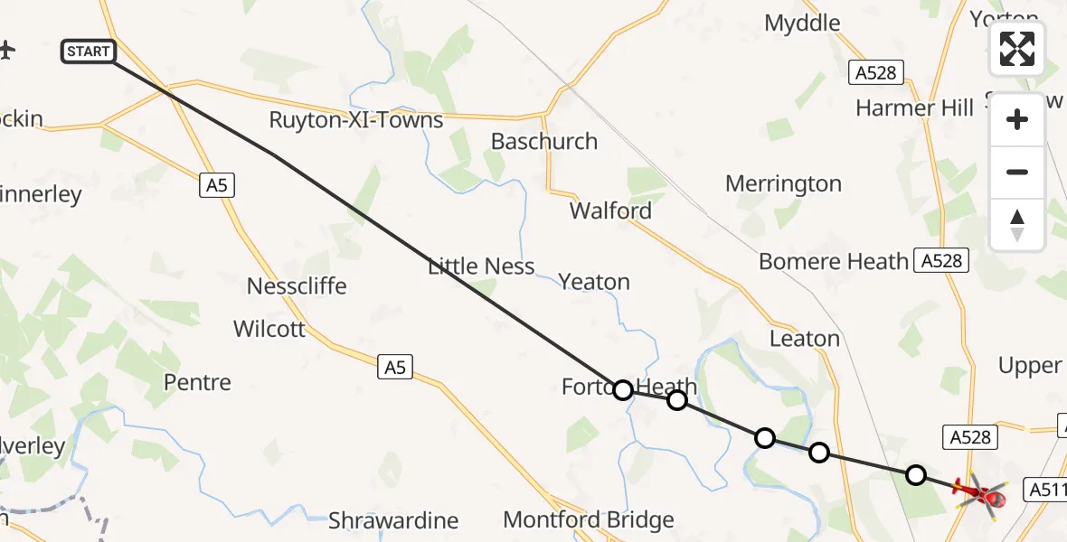 Flight path map showing Air Ambulance Helicopter route from Ruyton-XI-Towns to Shrewsbury