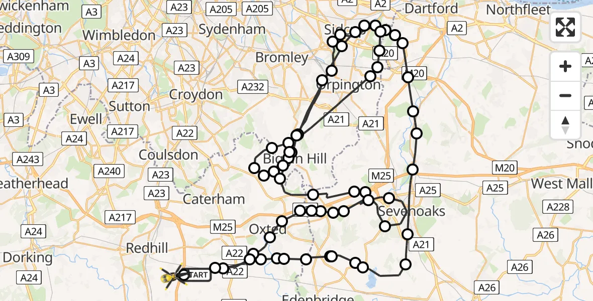 Flight path map showing Police Helicopter route from Tandridge to South Nutfield
