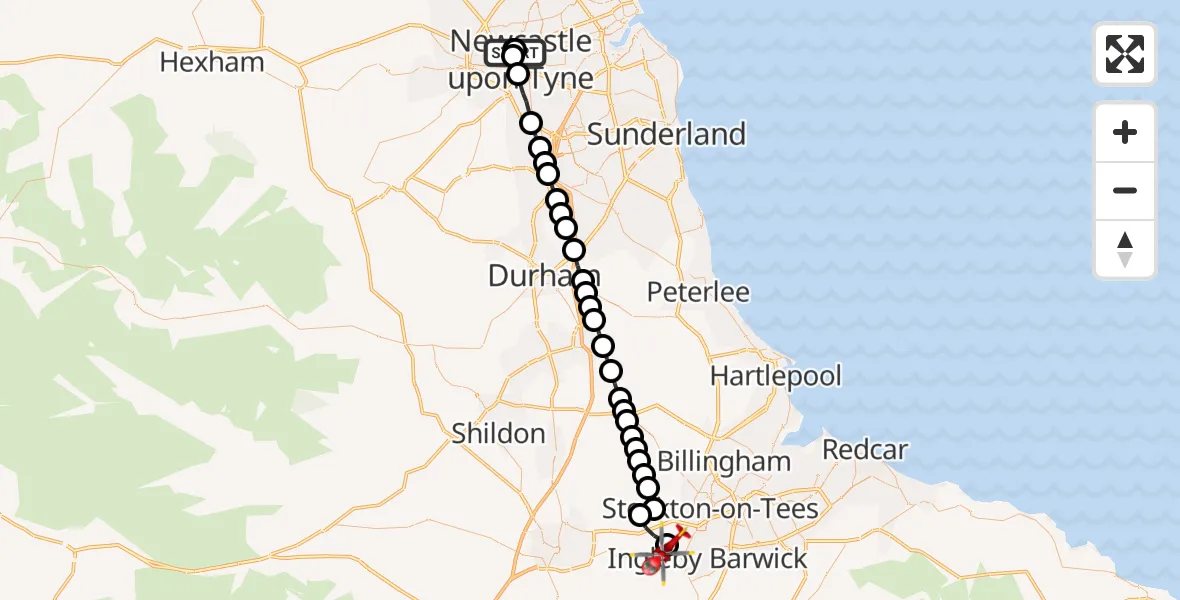 Flight path map showing Air Ambulance Helicopter route from Newcastle Royal Victoria Infirmary to Egglescliffe