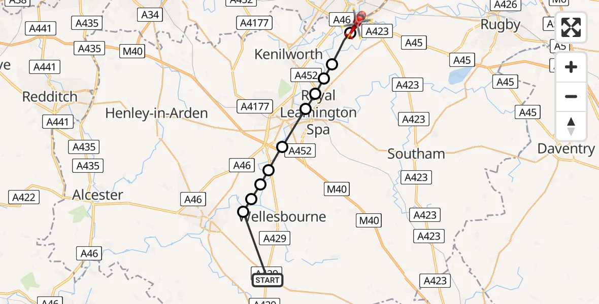 Flight path map showing Air Ambulance Helicopter route from Ettington CP to Coventry Airport