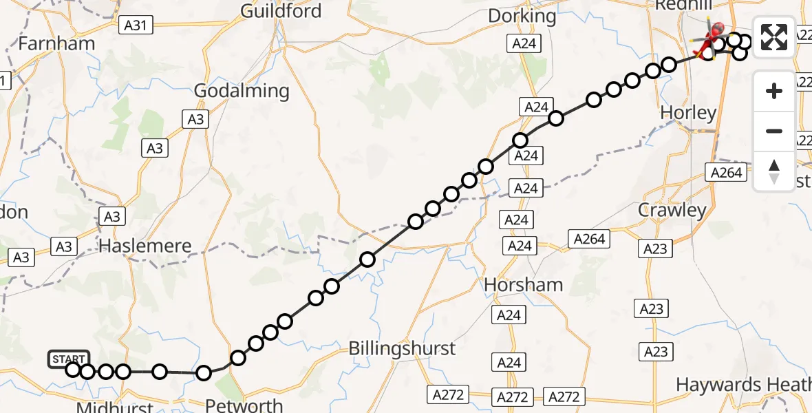 Flight path map showing Air Ambulance Helicopter route from Chichester to Redhill Aerodrome