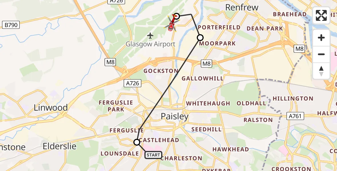 Flight path map showing Air Ambulance Helicopter route from Royal Alexandria Hospital Paisley to Glasgow Airport