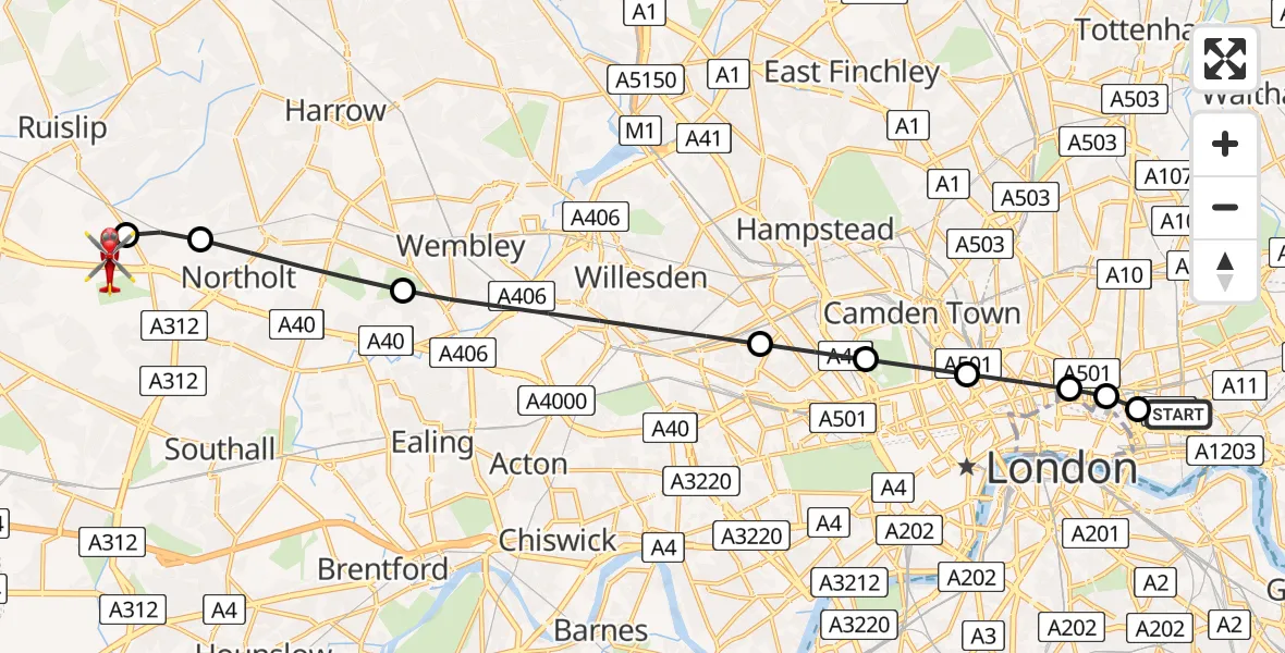 Flight path map showing Air Ambulance Helicopter route from Royal London Hospital to RAF Northolt