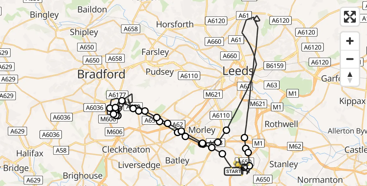 Flight path map showing Police Helicopter route from East Ardsley to East Ardsley