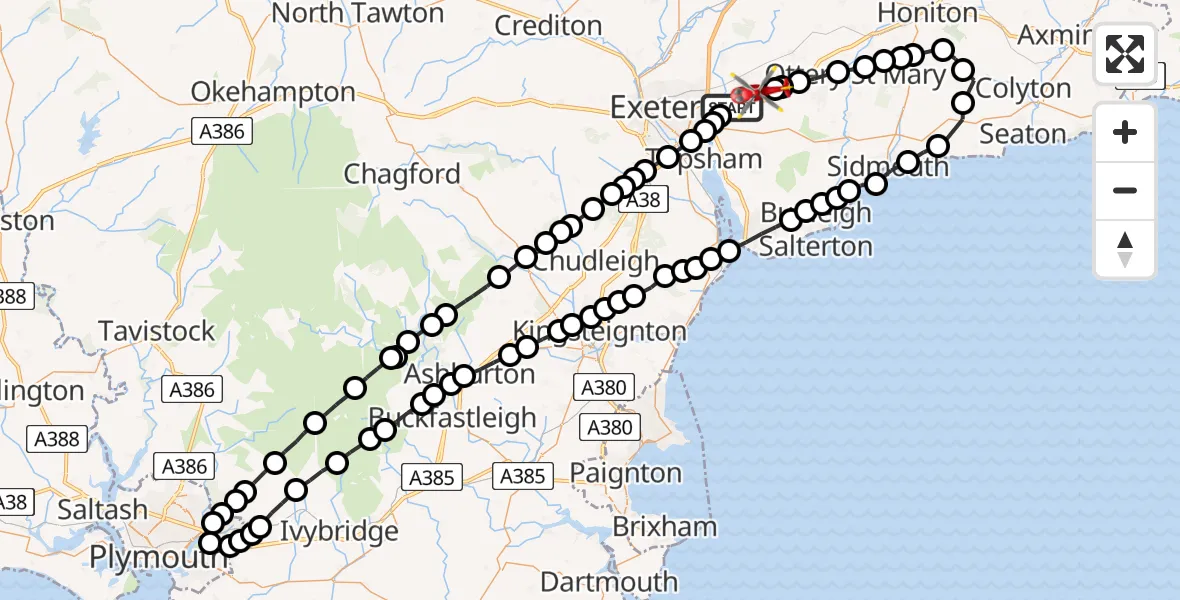 Flight path map showing Air Ambulance Helicopter route from Clyst Honiton to Rockbeare