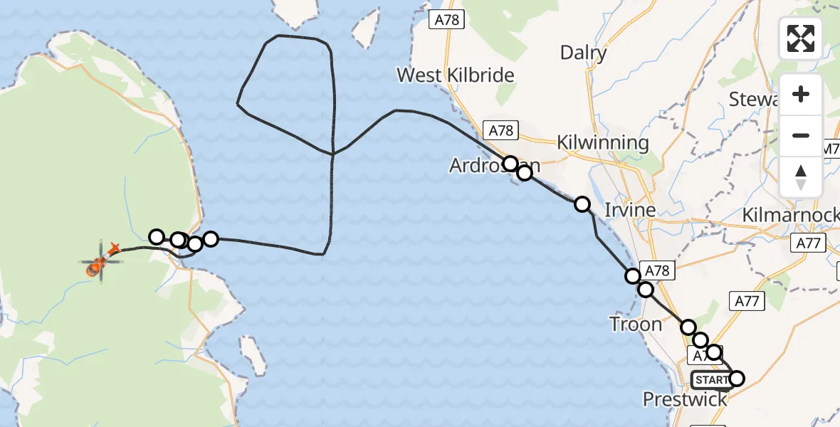 Flight path map showing Coastguard Helicopter route from Glasgow Prestwick Airport to Brodick
