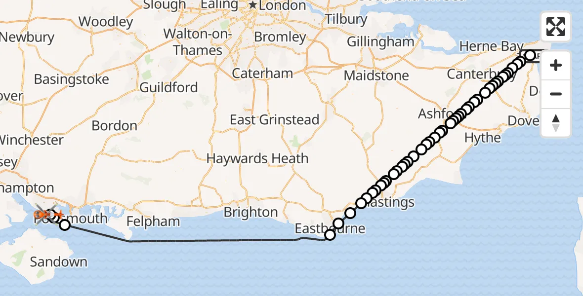 Flight path map showing Coastguard Helicopter route from Manston Airport to Solent Airport