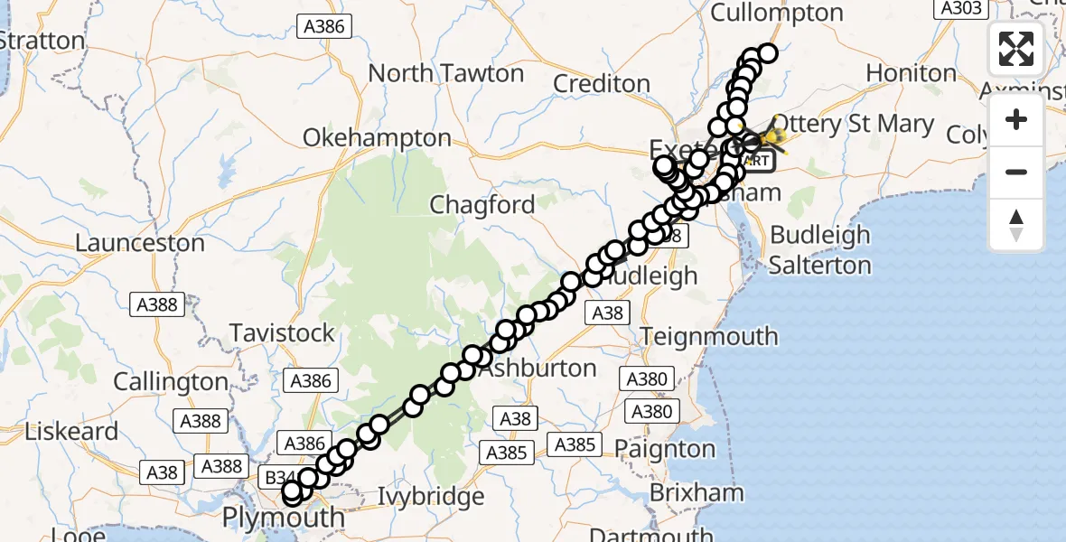 Flight path map showing Police Helicopter route from Clyst St Mary to Exeter International Airport