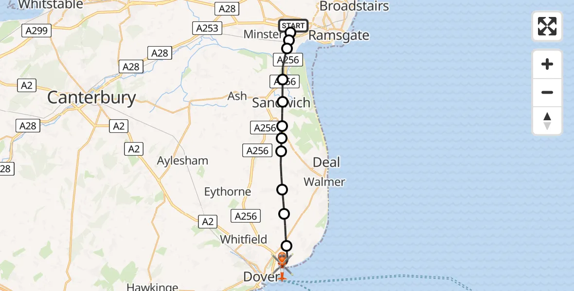 Flight path map showing Coastguard Helicopter route from Manston Airport to Langdon Battery Heliport