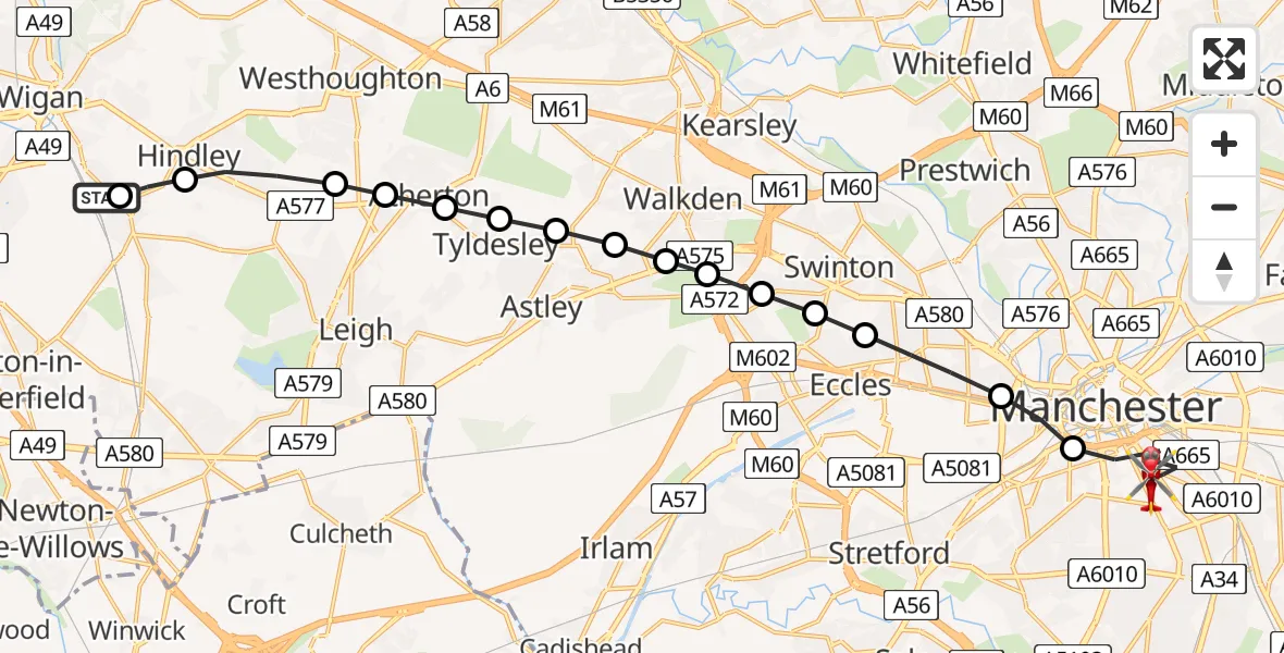 Routekaart van de vlucht: Air Ambulance Helicopter to Manchester, Lincoln Grove