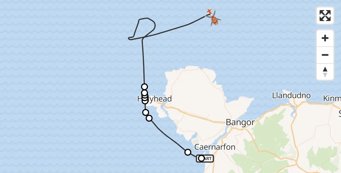Flight path map showing Coastguard Helicopter route from Caernarfon Airport to Irish Sea