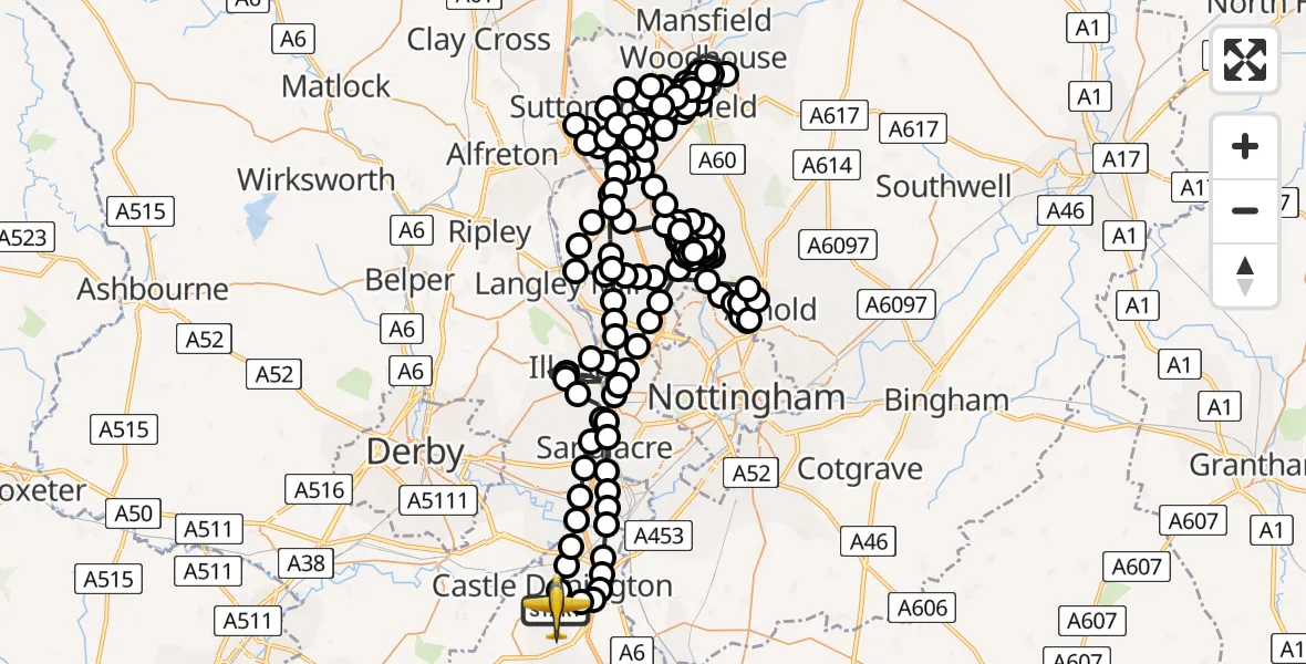Flight path map showing Police Aircraft route from East Midlands Airport to East Midlands Airport