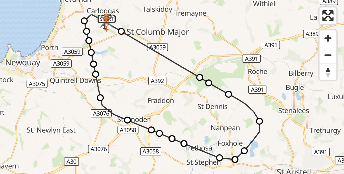 Flight path map showing Coastguard Helicopter route from Cornwall Airport Newquay to Cornwall Airport Newquay