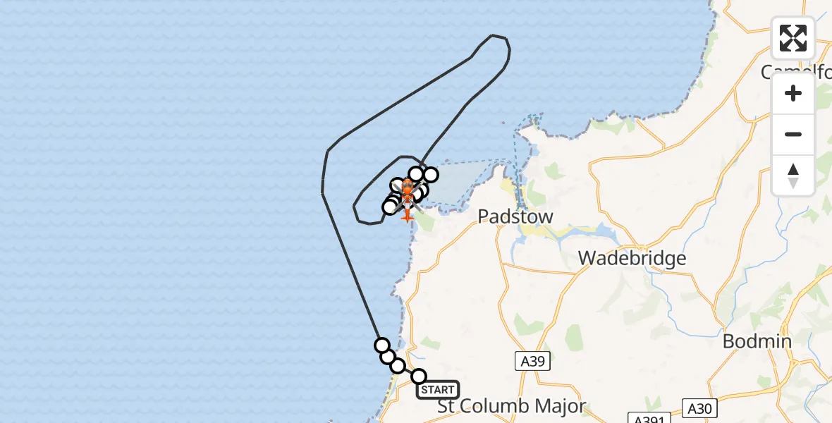 Flight path map showing Coastguard Helicopter route from Cornwall Airport Newquay to St. Merryn