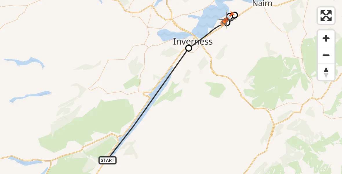 Flight path map showing Coastguard Helicopter route from Loch Ness to Inverness Airport