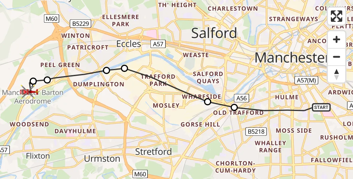 Flight path map showing Air Ambulance Helicopter route from Manchester to Manchester Barton Aerodrome